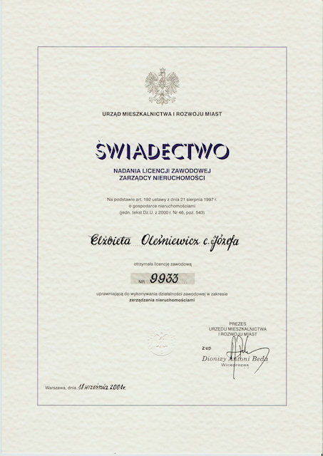 Licencja zarz�dcy nieruchomo�ci El�biety Ole�niewicz